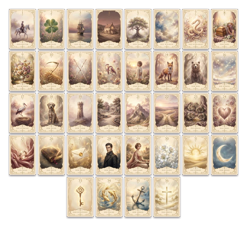 36 Originalkarten von PARAVITAL in der großen Lenormand-Tafel